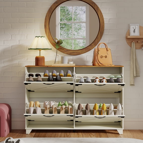 Manxile Shoe Storage Cabinet with 4 Flip Drawers, Farmhouse Wood Shoe Cabinet for Entryway,Hallway,White&Red Oak