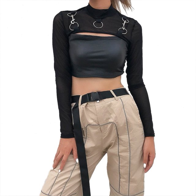 Hauts Courts Aguichant à Manches Longues en Maille Noire Col Rond Transparent T-Shirt Blouse pour Femmes