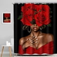 thumbnail image 2 of Black African American Woman Shower Curtain Red Rose Flower Hair Afro Art Fabric Bathroom Curtains with Hooks 71x71 inches, 2 of 6