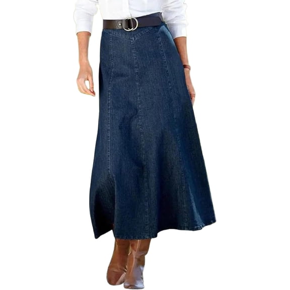 CAILDANL Women's Western Style Front Slit Design Wash Jean Long Denim Maxi Skirt