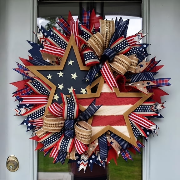 LAMIRO Patriotic Door Wreaths Star July 4th Wreaths for Front Door,17 inch Pride Wreath Independence Day Wreath 4th of July Door Wreath Red White and Blue Wreaths Memorial Day Wreaths American Flag