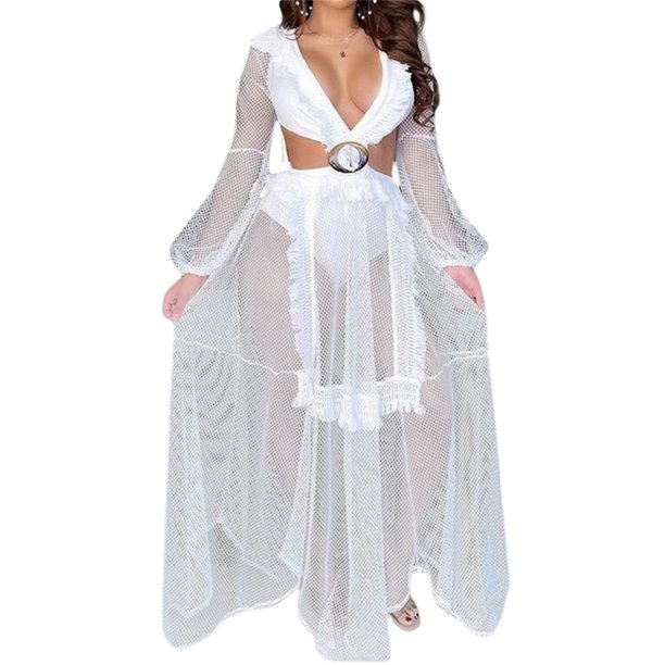 VISgogo Vestido largo a la moda para mujer, Body triangular recortado con escote en V profundo Patchwork Hollow-out Mesh Plaid Vestidos de una pieza VISgogo moda