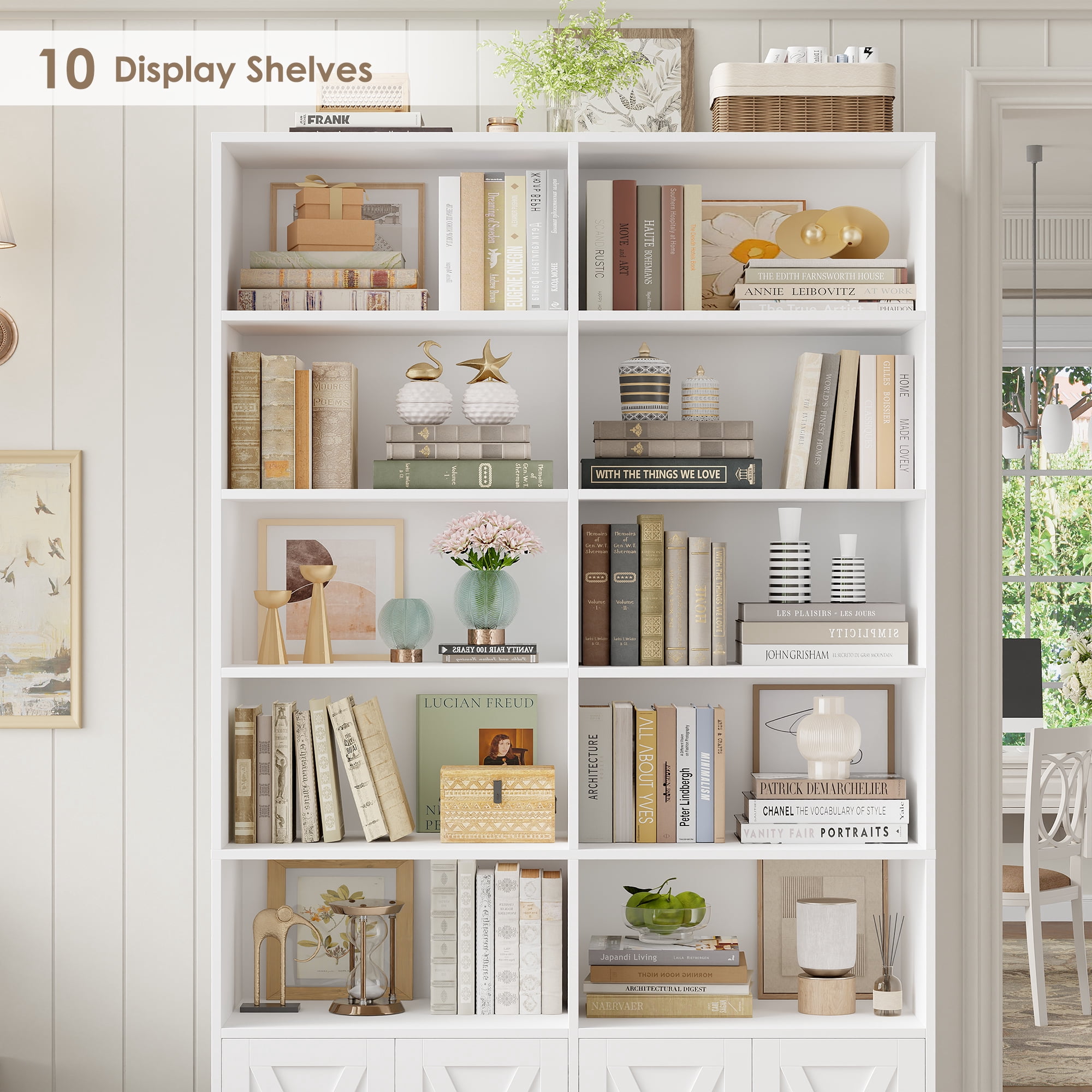 Hiphuta 78"H x 47"W Bookcase with Doors, Tall Bookshelves with Storage, 5-Tier Shelves Freestanding Display Bookcase for Home Office and Living Room, White