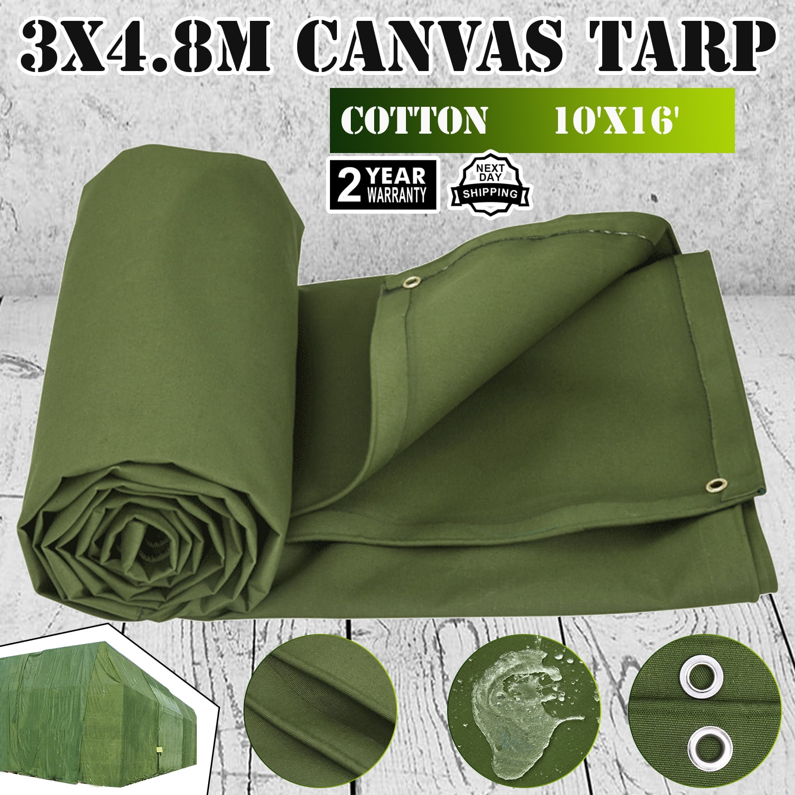 10'x 16' Canvas Tarp 3X4.8M Green Cotton Tarpaulin Lumber Waterproof 18 OZ 