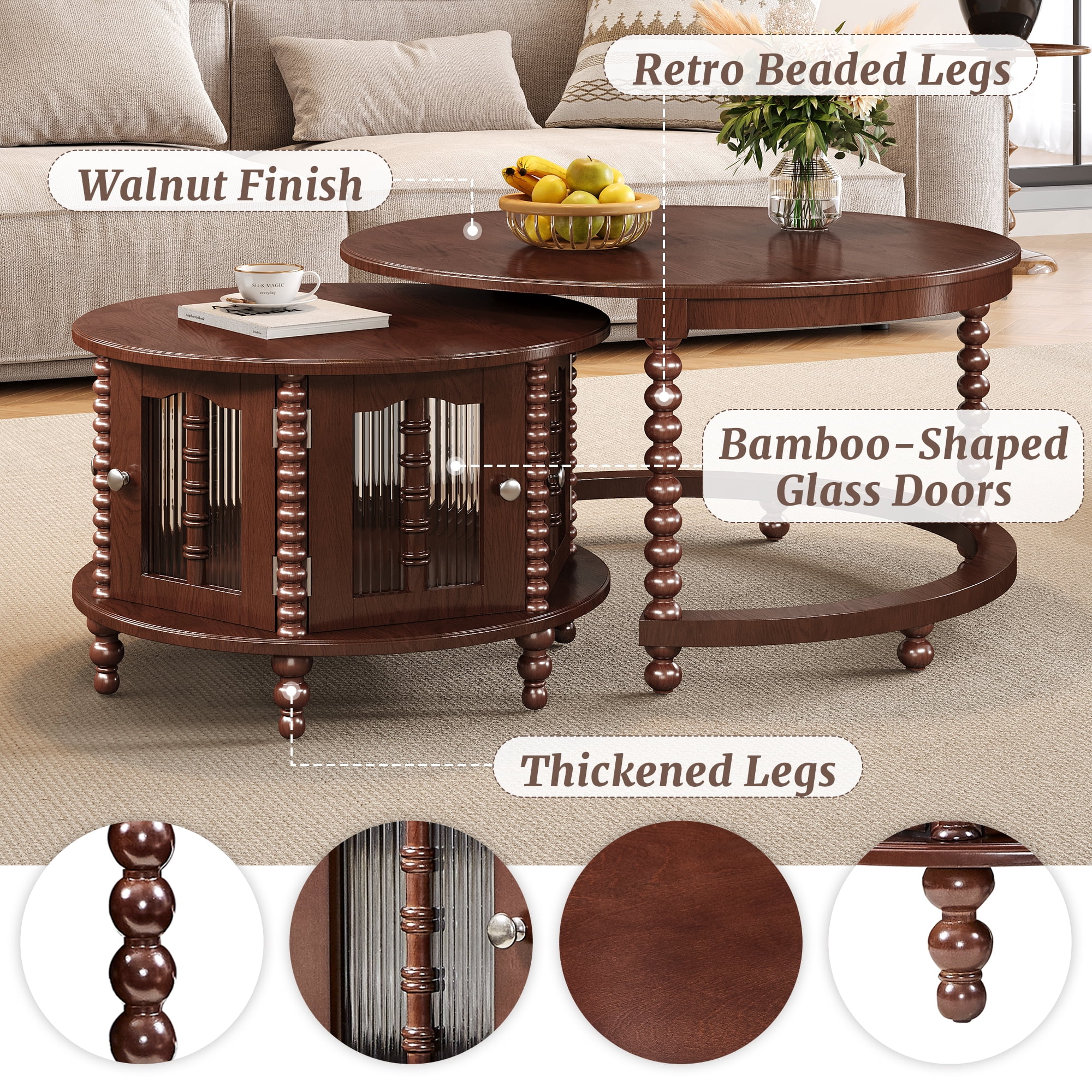 Euroco Vintage Round Nesting Coffee Table, Six Bamboo-shaped Decorative Glass Doors, Retro Beaded Legs, Walnut, 31.5"