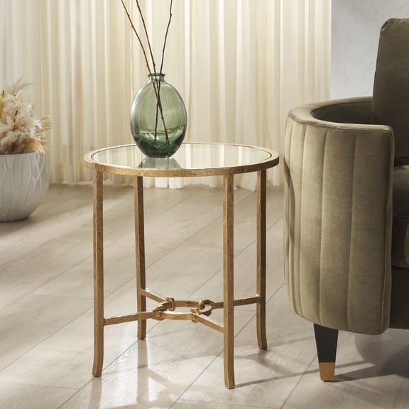 Safavieh Couture Tauri Modern Metal and Tempered Glass Round End Table, Brass/Clear
