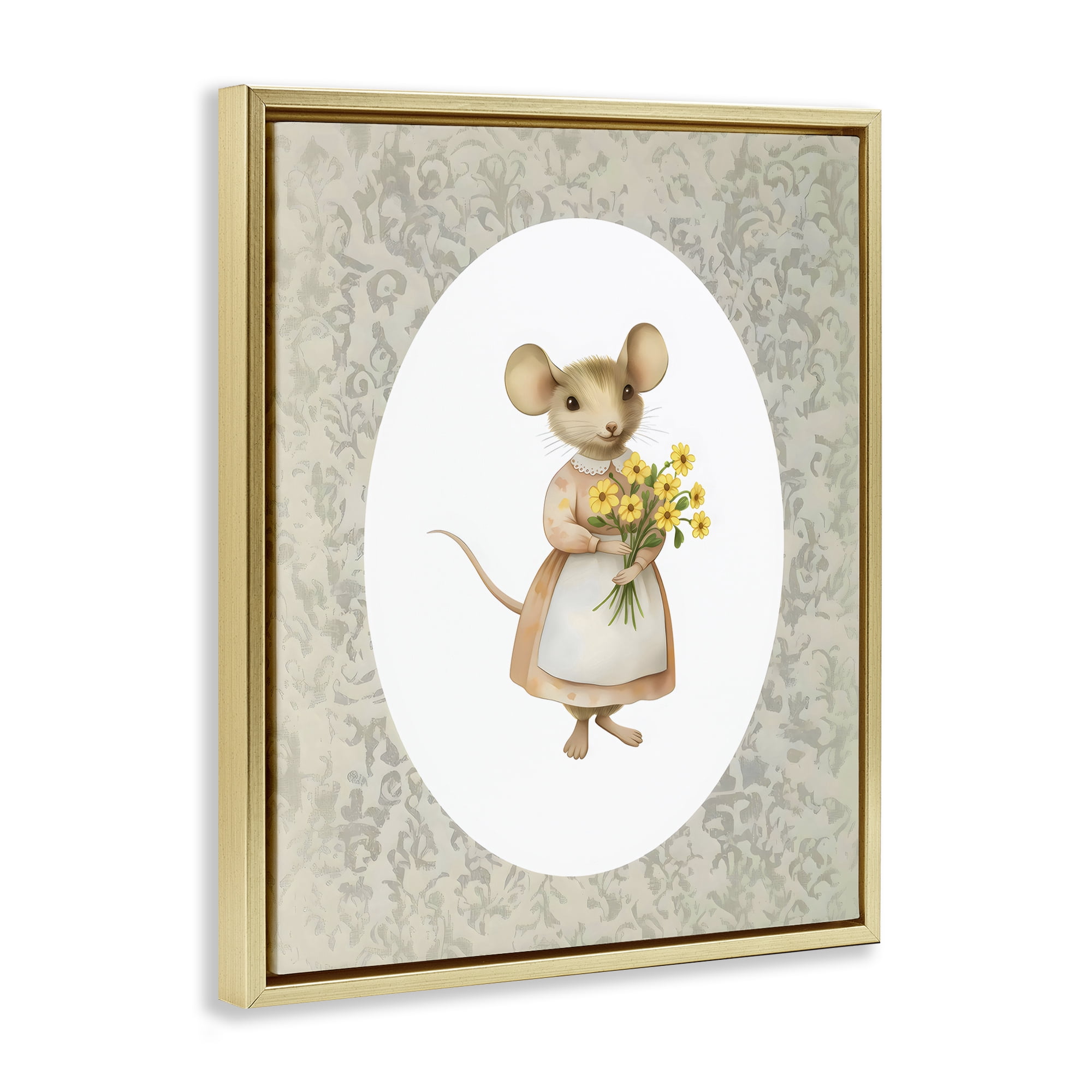 Stupell Industries Little Mouse with Flowers Gold Framed Floater Canvas Wall Art, design by Arlington Prints