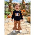 thumbnail image 6 of RUINIXCW Toddler Girls Halloween Outfits Ghost Embroidery Bow Long Sleeve Sweatshirt and Elastic Plaid Flare Pants Set, 6 of 8