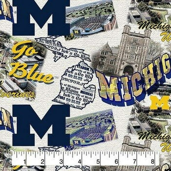 University of Michigan Cotton Fabric with Scenic Map Design-Sold by the Yard