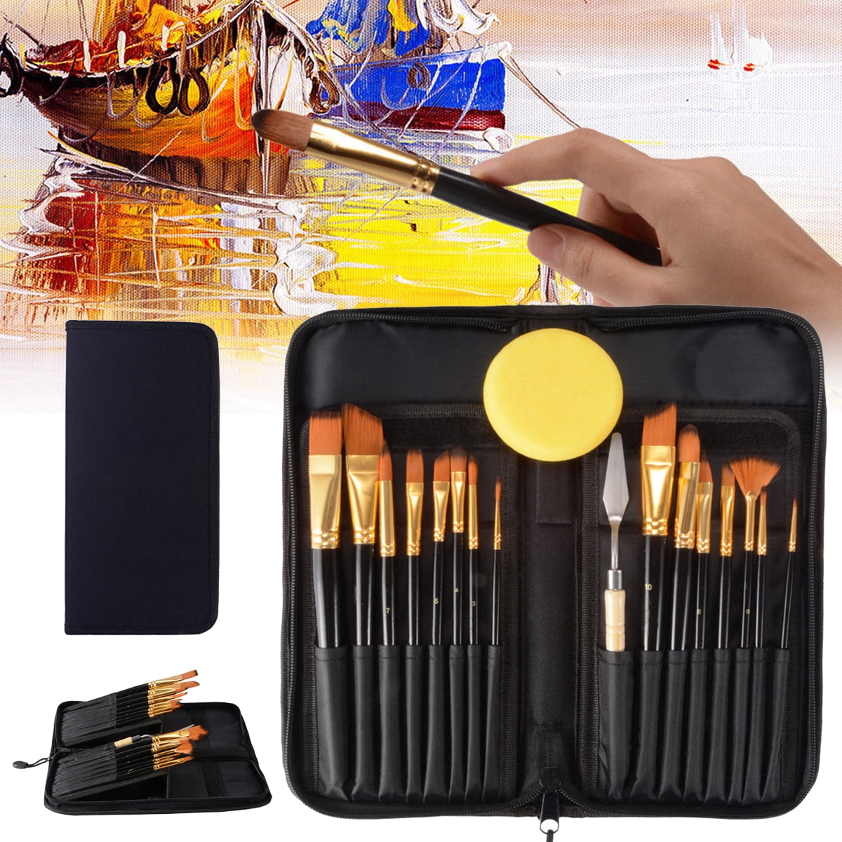 Artist Paint Brush Set 15pcs Includes Carrying Case with Free Palette