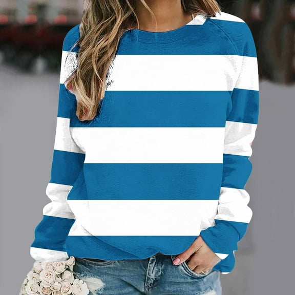 Ayfxijin Pullover Sweaters for Women,Women's Color Blocked Striped Shoulder Long Sleeved Sweatshirt With O-Neck Top