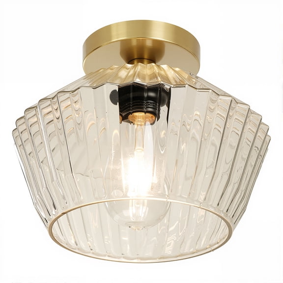 FRIDEKO HOME 9.84" Modern Semi Flush Mount Ceiling Light with Clear Textured Glass Shade, E26 Base, Vintage Ceiling Light Fixture for Hallway Kitchen Bedroom Living Room, Brass Gold (Without Bulb)