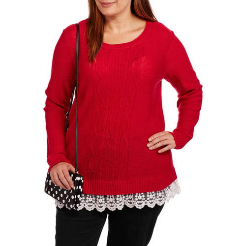 Concepts Women's Plus Cable Front 2fer Sweater with Lace Trim - Walmart.com