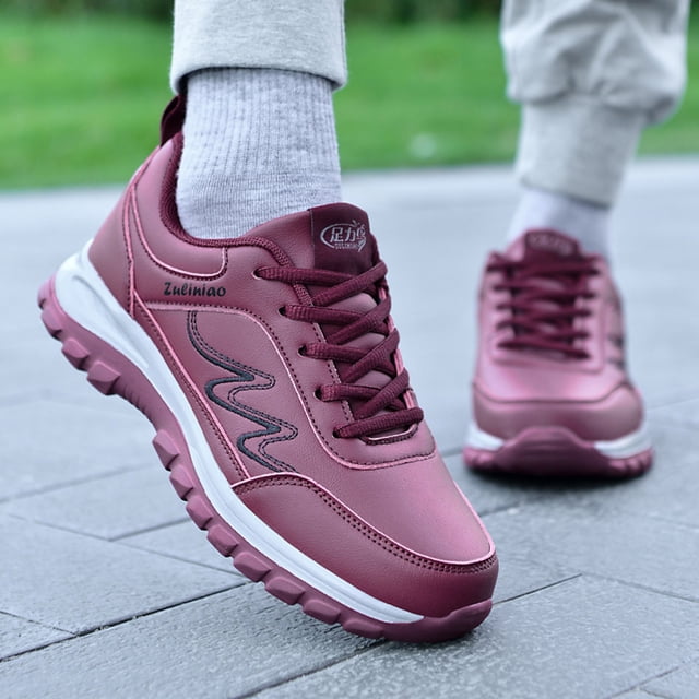 XIAQUJ Mode Automne Chaussures de Sport pour Femmes Plates Antidérapantes Imperméables à Lacets Design à Texture Simple Style Décontracté Espadrilles Mode pour Femmes Bordeaux 7.5(39)