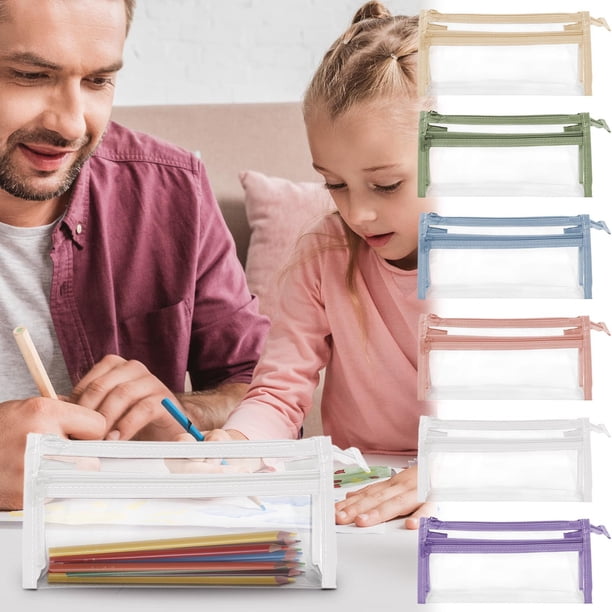 Estuche transparente para bolígrafos, almacenamiento triangular, diseño de doble capa, compartimentos de gran capacidad, bolsa de papelería para estudiantes, organización organizada, para tareas esco