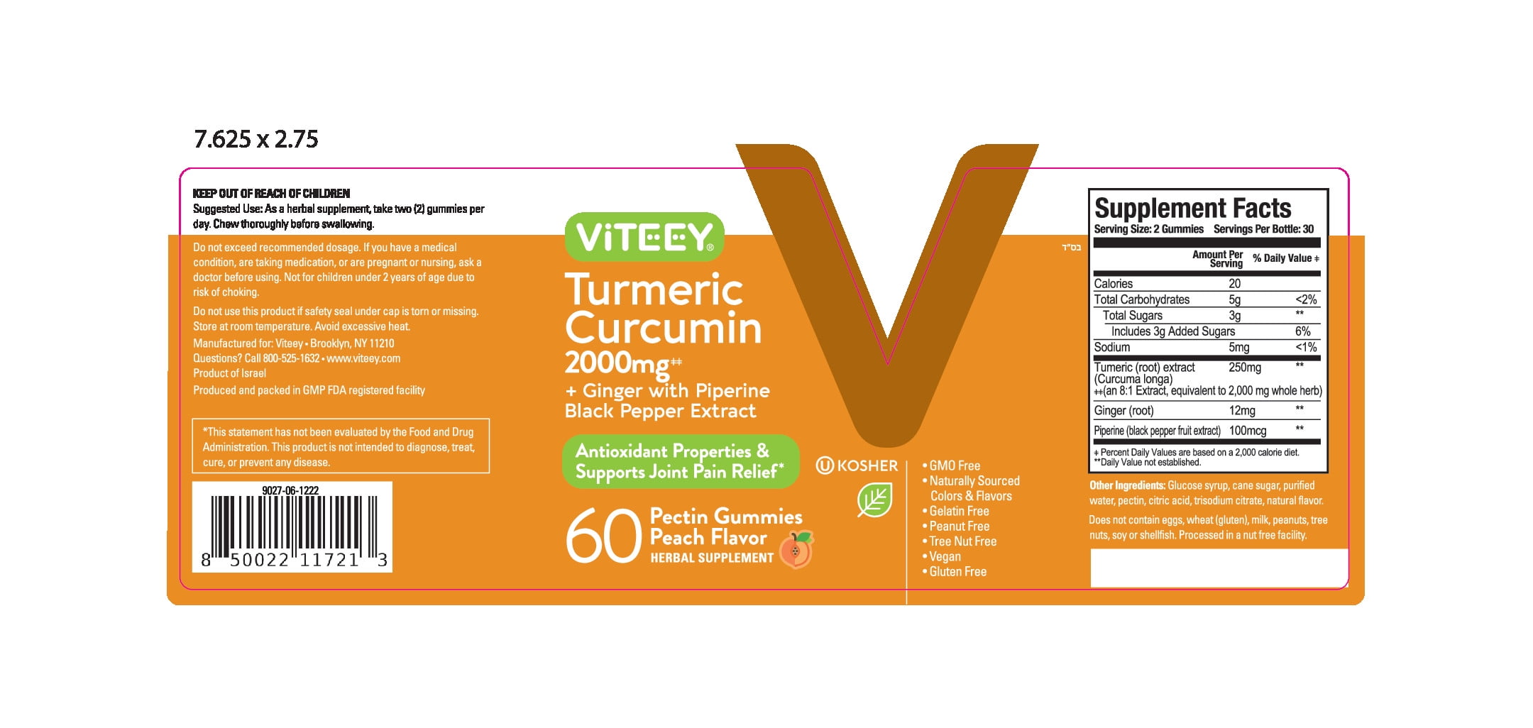 VITEEY Turmeric Gummies with Ginger, Immune Support, Peach Flavor, 60 Count, 2 Pack