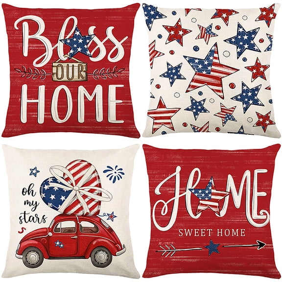 Qocolhg Independence Day Pillow Covers 18x18 inch, Red White and Blue Star Stripes American Flag Throw Pillows Patriotic Decor Memorial Day Pillowcase Outdoor Decorations Linen Cushion Case for Home