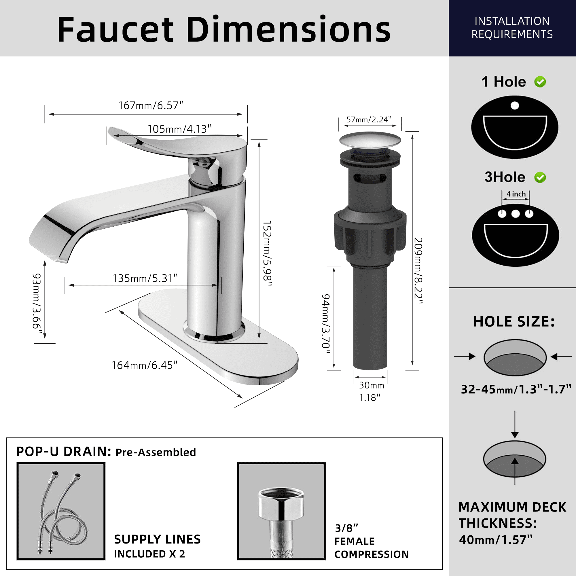 BELZ Bathroom Faucet Waterfall Spout Bathroom Sink Faucet with Single Handle with Pop Up Drain and Deck Plate Suitable for 1 or 3 Holes, Chrome