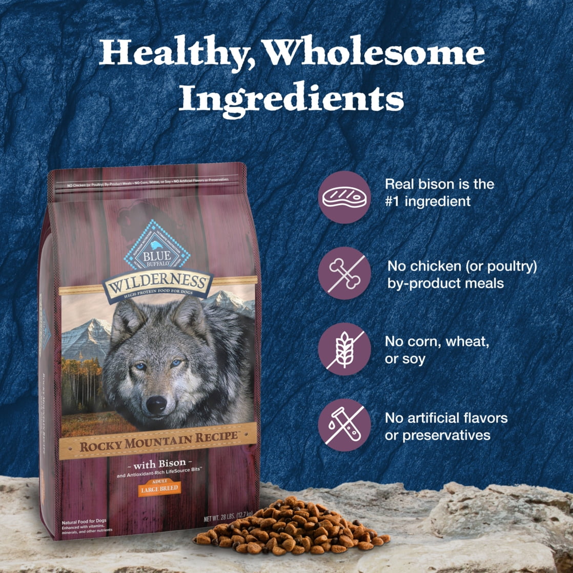 Blue Buffalo Wilderness Natural High-Protein Dry Food for Large Breed Dogs, Bison, 28-lb bag.