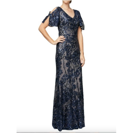 ALEX EVENINGS Womens Blue Sequined Cold Shoulder Zippered Flutter Sleeve V Neck Full-Length Formal Sheath Dress 8