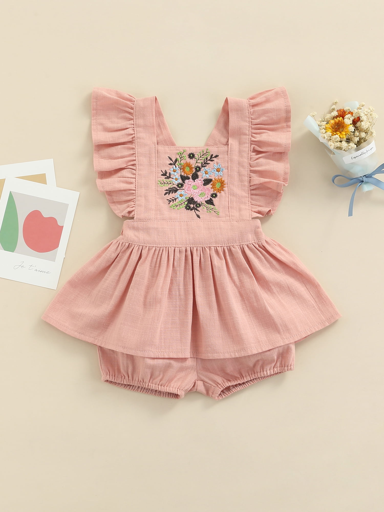 2pcs Baby Girl Floral Embroidered Flutter-sleeve Top and Shorts Set