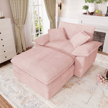 Muumblus Oversized Accent Chair with Ottoman, 48" Indoor Chaise Lounge Cloud Corduroy Sofa Reading Armchair for Modern Living Room, Bedroom, Pink