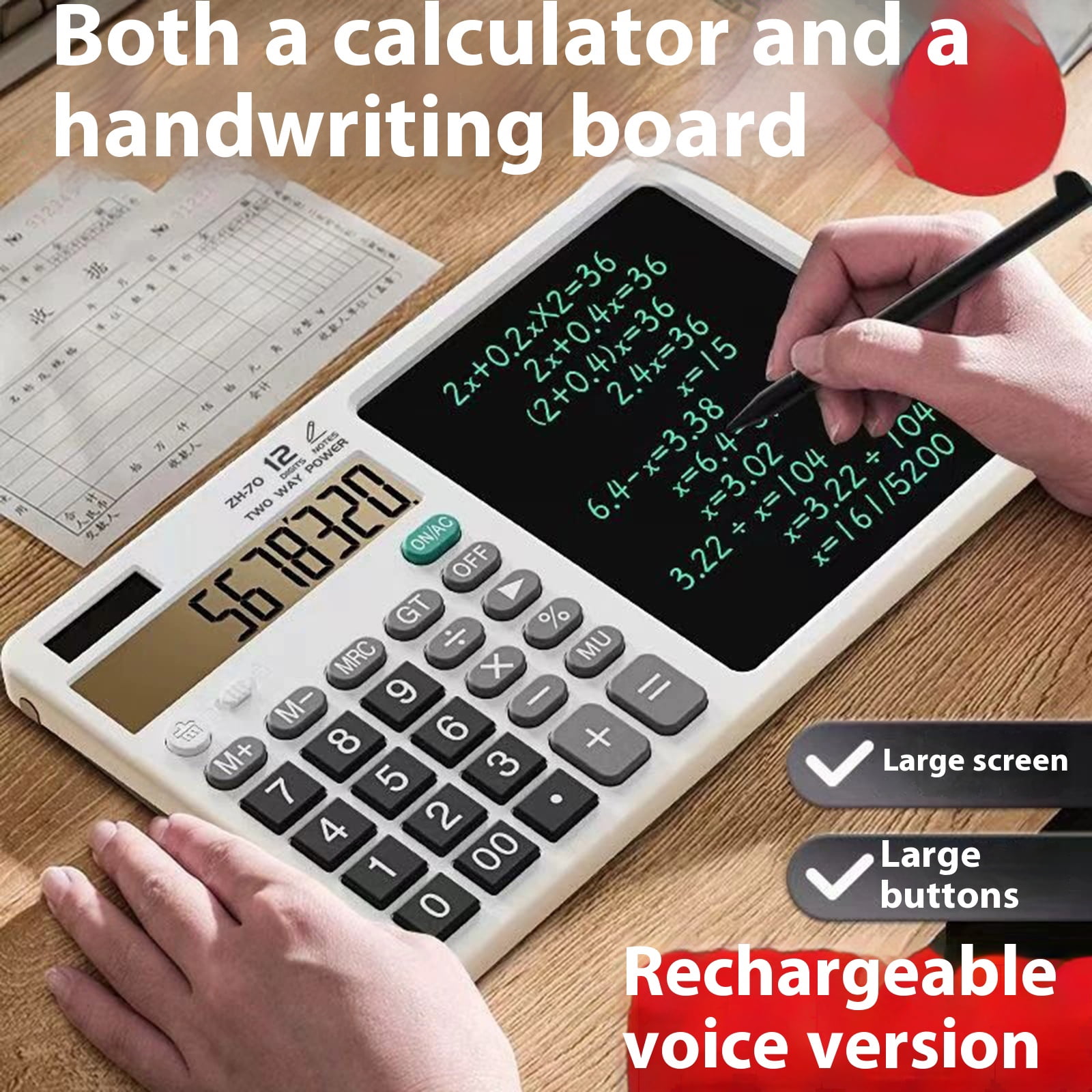 Voice Recognition Calculator Writing Pad Solar Charging Large Display Lightweight Silents Key For Professional Students