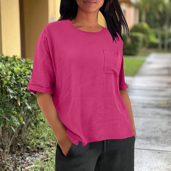 YTCAMLO Solid Color T Shirts for Women Casual Loose Short Sleeve Shirts Moisture Wick Summer Tops with Pocket Soft Comfy Basic Tees, Hot Pink XXXL