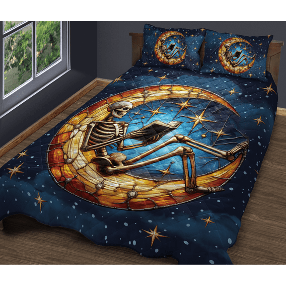 Lotusprinthandmade Skeleton Book Lovers Quilt Bedding Set (Fold Hem) 5 Sizes (Made in Vietnam) (55x60), skeleton halloween gift quilt bed set