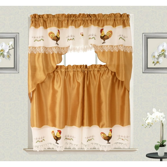 Rooster Macrame Embroidery Design Kitchen Curtain with Swag and Tier Set 36 inch Gold Color