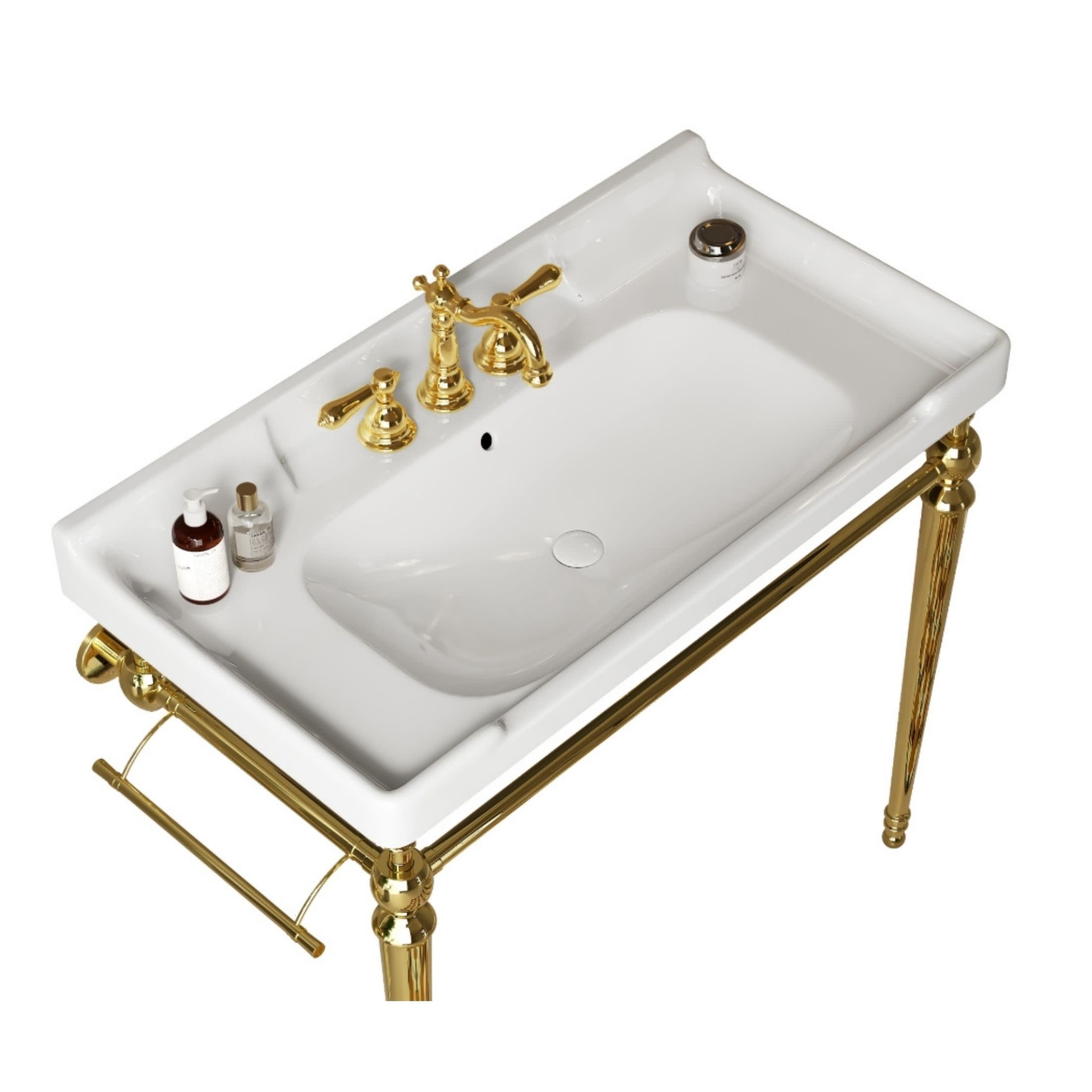 Noble House Vici 36" Bathroom Ceramic Basin Sink, 3 Faucet Holes with Wide Countertop Deck Toiletries Storage, White