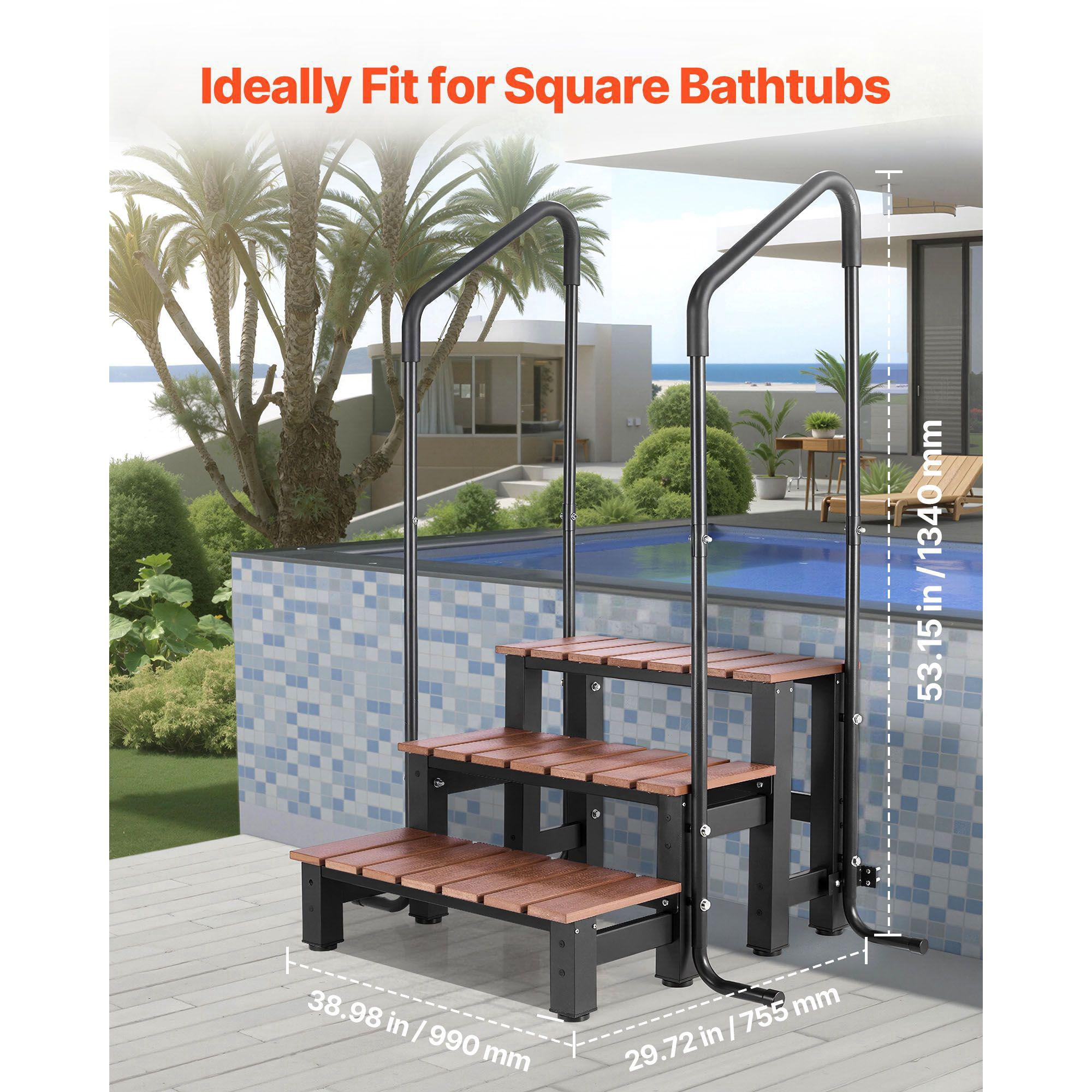 Heavy Duty 3 Step Hot Tub Spa Stairs with Handrail 25.2 Inch Wide Above Ground Inflatable Pool Ladder 550 lbs Weight Capacity for Porch Patio Deck Trailers