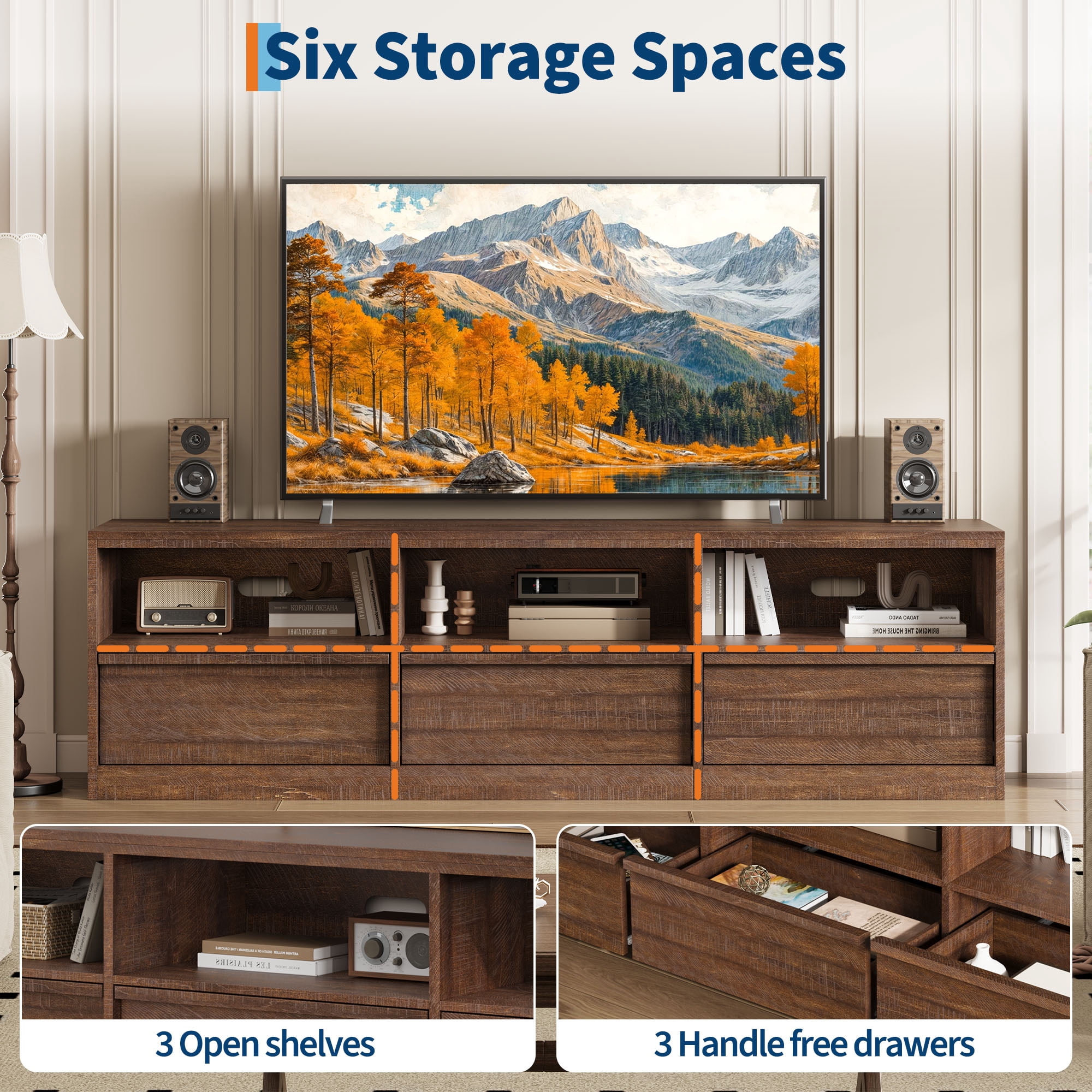 Modern TV Stand with Storage for TVs Up to 85", 70 inch Media Console with Drawer & Open Shelves, Mid Century Entertainment Center for Living Room, Brown