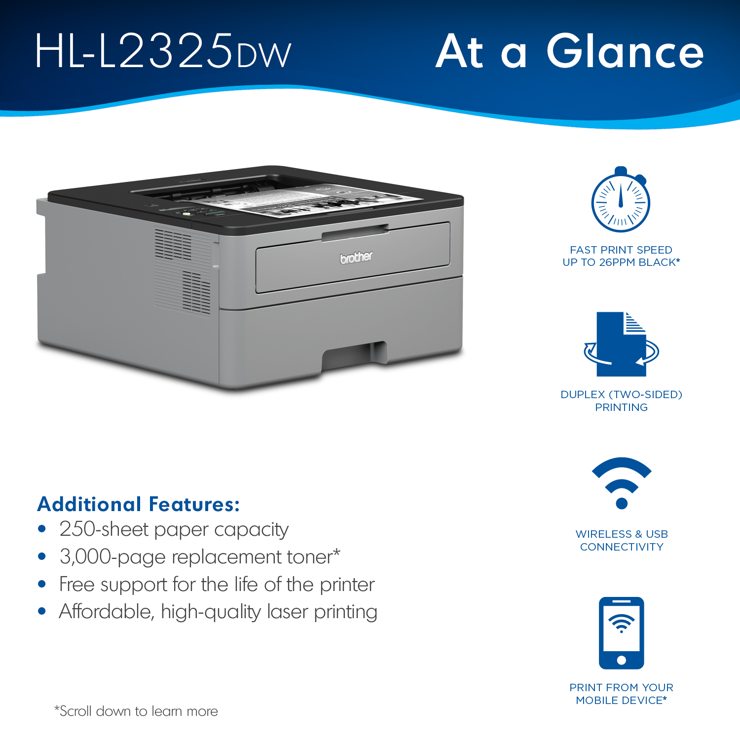 Brother HL-L2325DW Monochrome Laser Printer, Wireless Networking, Duplex Printing - image 3 of 8