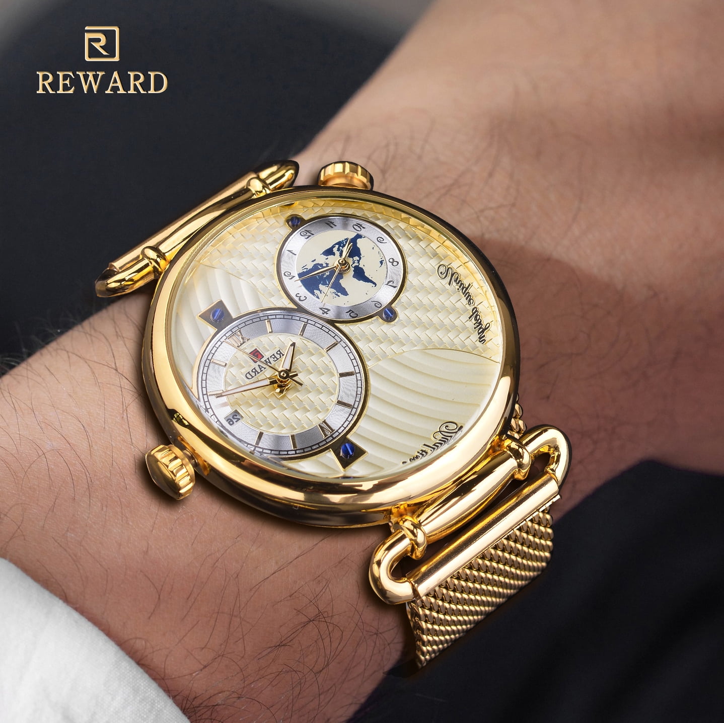 REWARD 2025 Men Watches Golden Classic Vintage Watch For Business Quartz Wristwatch With Gift Box Dual time zone, luminous, Waterproof, Calendar
