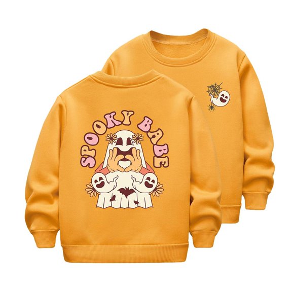 bbymog Halloween Girls Sweatshirt Crewneck Long Sleeve Pullover Tops Girls' Fashion Cute Spooky Shirts for Girls Yellow K 140