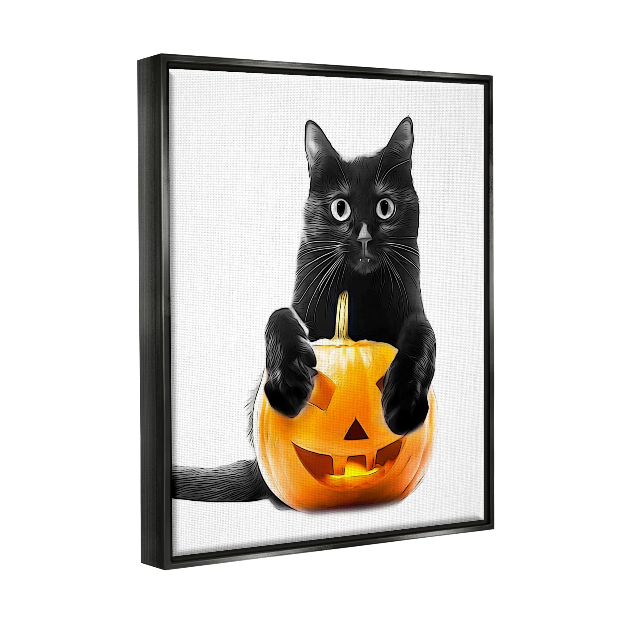 Stupell Industries Black Cat & Jack-o-Lantern Holiday Painting Black Floater Framed Canvas Art Print Wall Art, 25 x 31