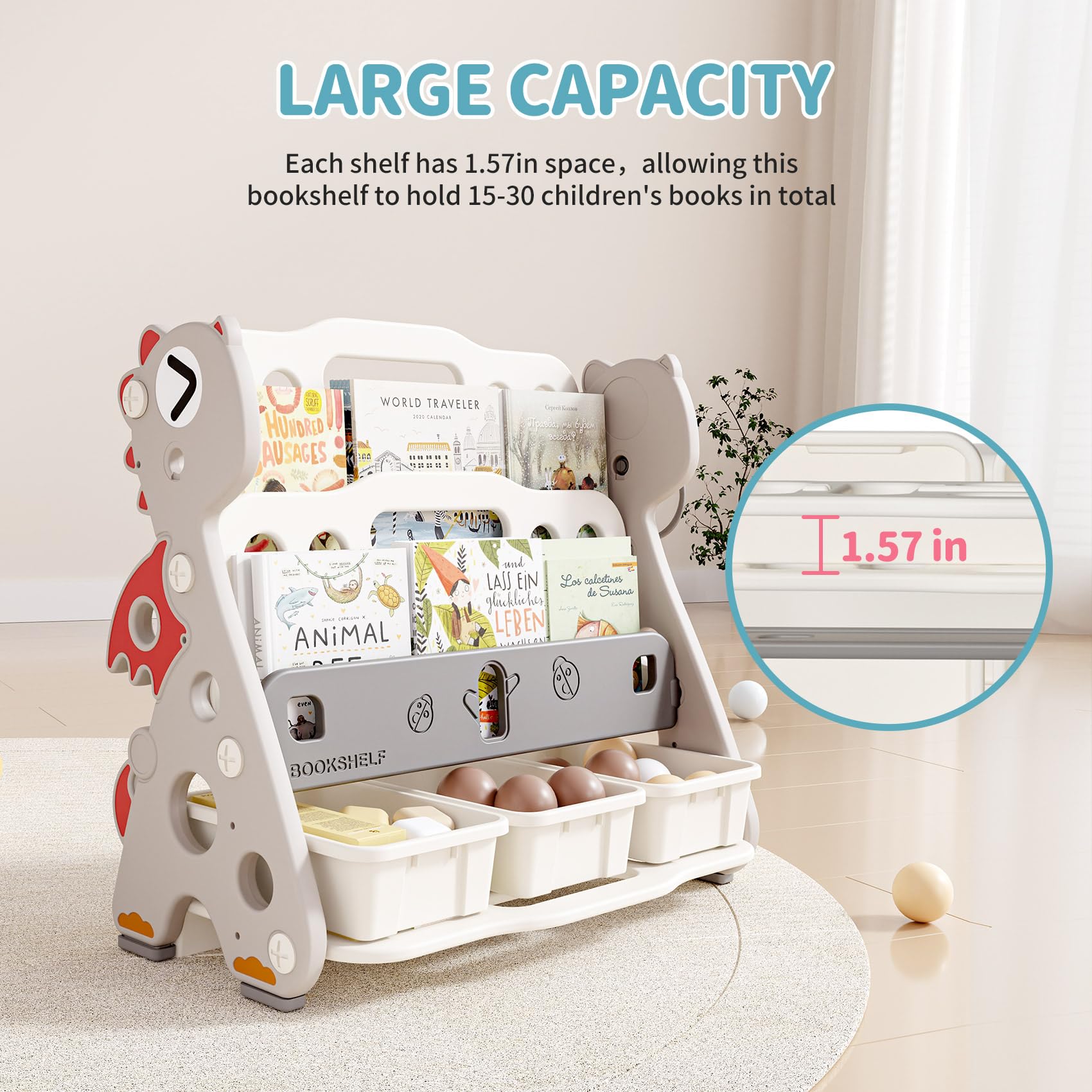 UNICOO® Kids Baby Dragon 2 Tier Bookshelf with 3 Toy Storage Bins, Children Bookshelf & Toy Organizer (Grey & White)