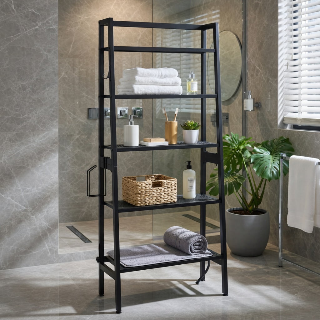 Hommoo 3-Tier Over-the-Toilet Storage Shelf Adjustable Height, Heavy-Duty Metal Bathroom Organizer with Anti-Tip Design, Black