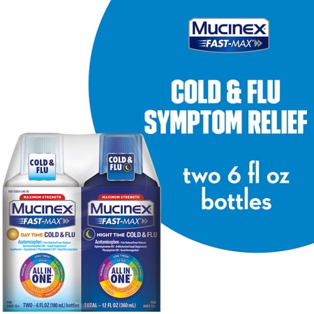 Mucinex Fast-Max Day Time Cold & Flu and Night Time Cold & Flu Liquid Medicine, Maximum Strength All in One Multi Symptom Relief for Congestion, Sore Throat, Headache, Cough and Reduces Fever, 12fl oz