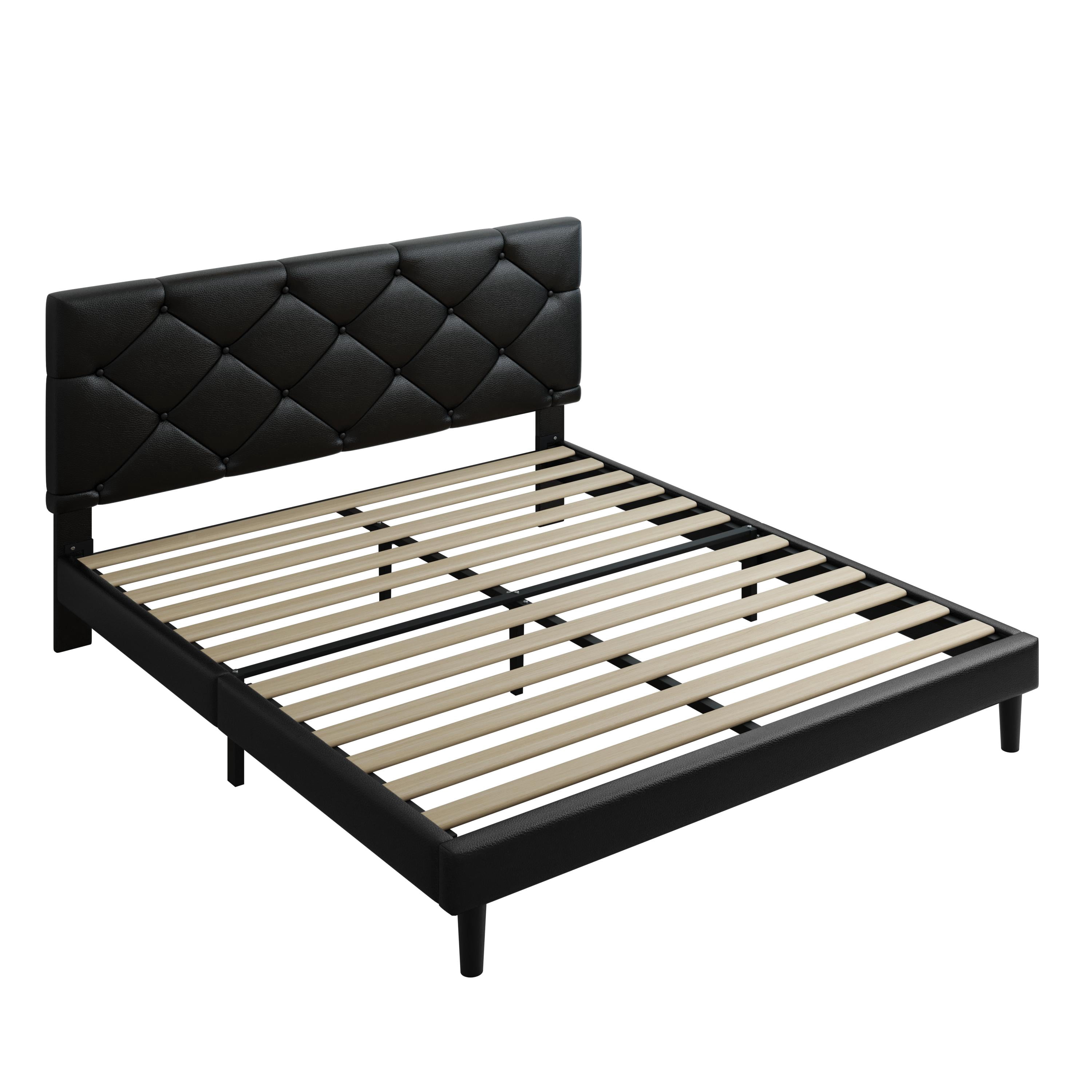 Queen Bed Frame with Upholstered Faux Leather Headboard, UHOMEPRO Platform Bed Frame with Wood Slat Support, No Box Spring Needed, Black