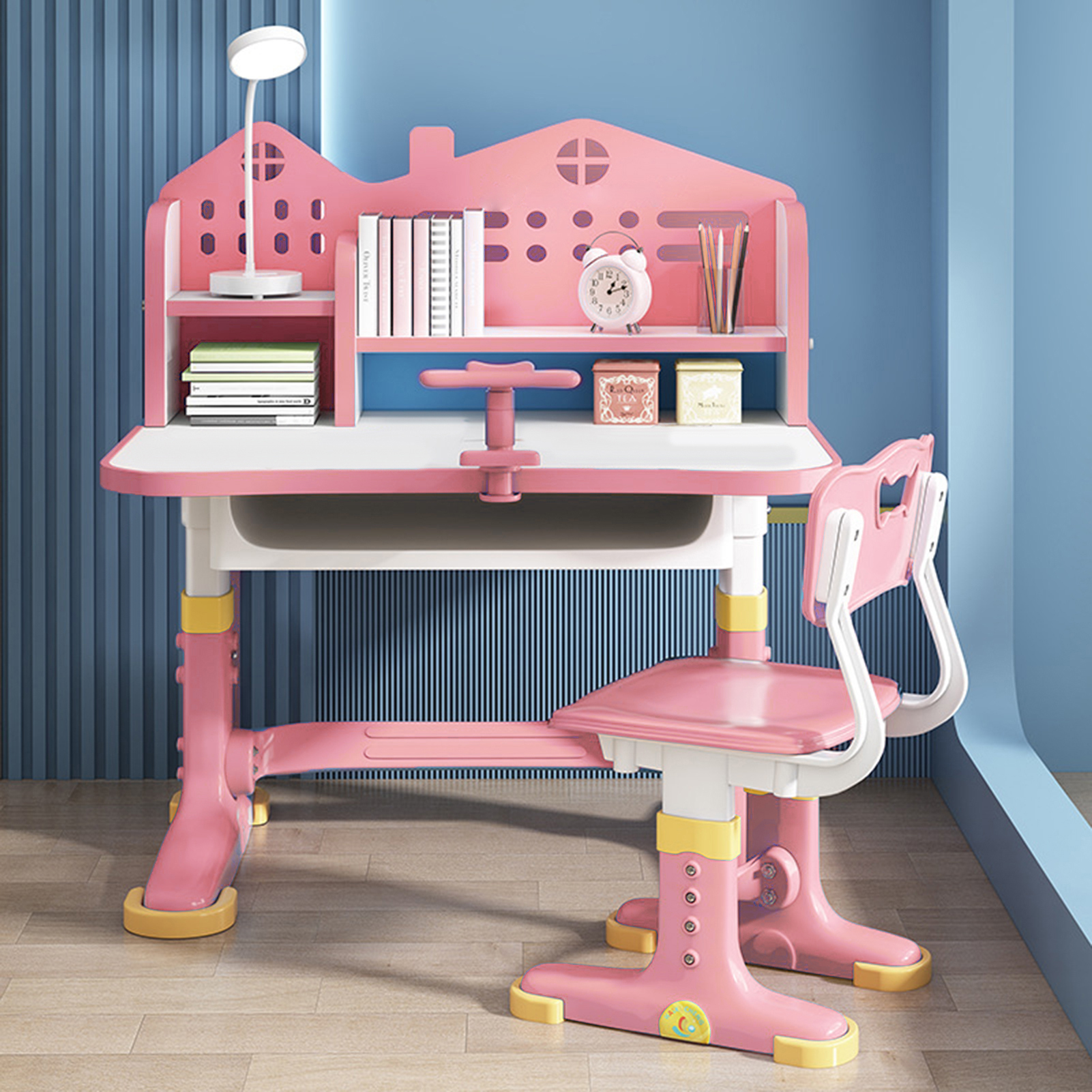 Mairbeon Multifunctional Kids Desk and Chair Set,Height Adjustable Study Table with Drawer Set,Widened Desktop Multi Separation Cartoon Pattern Age 3-12,Pink