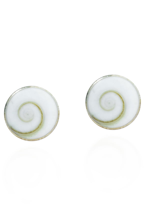 Tiny Round Shiva Eye Spiral White Shell .925 Silver Stud Earrings