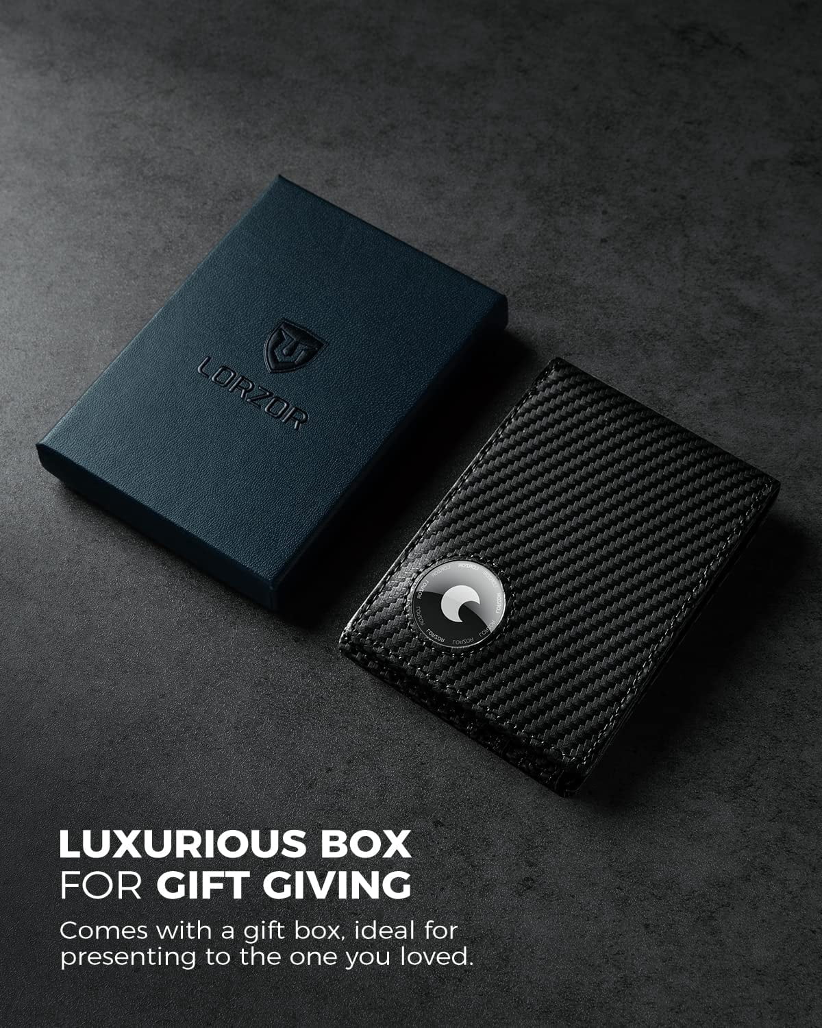 LORZOR Airtag Wallet, Full Grain Leather Minimalist Mens Wallet for Airtag, Bifold RFID Blocking Airtag Wallet for Apple Airtag Holder, with ID Window, 12 Cards Gift Box,Carbon