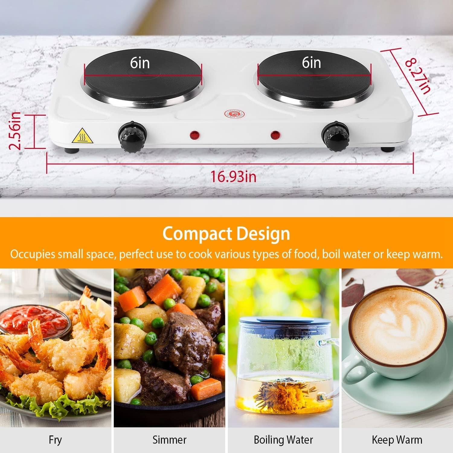 LASIEYO 2000W Portable Electric Double Burner, Dual Flat Electric Stove Burner Hot Plate for Cooking Kitchen Dorm Camping, White