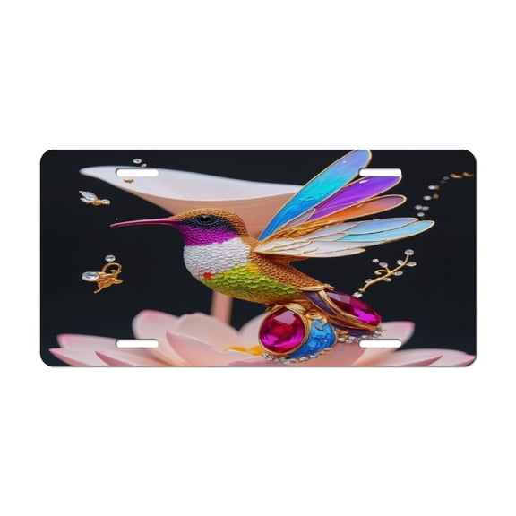 Jeweled Hummingbird on Lotus Car Decorative Front License Plate,Vanity Tag,Metal Car Plate,Aluminum Novelty License Plate for Men/Women Car,6 X 12 Inch