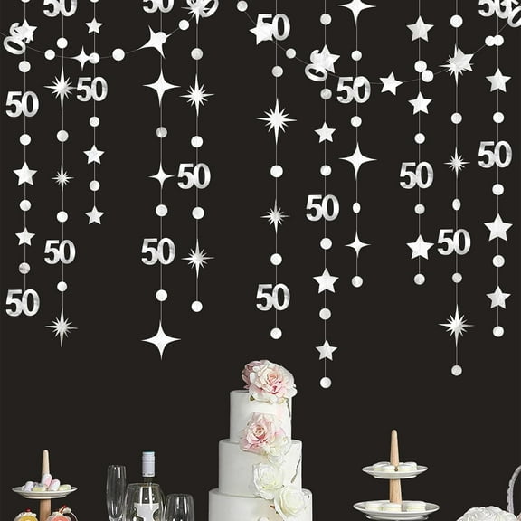 Cheerland Silver 50th Birthday Decorations Number 50 Circle Dot Twinkle Star Garland Metallic Hanging Streamer Bunting Banner Backdrop