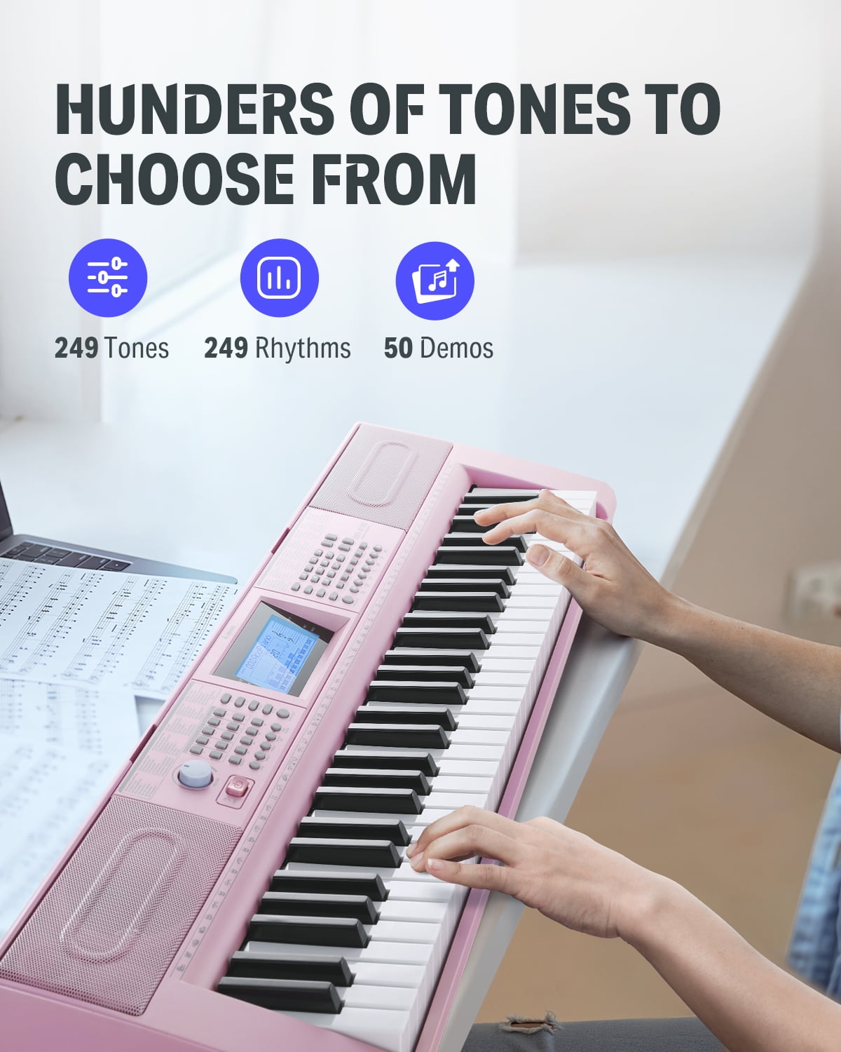 Donner New 61 Key Piano Keyboard Electric Keyboard Bundle for Beginners, with Piano Stand, Stool, Microphone, Perfect Gift for Daughter, Pink (DEK-610S)