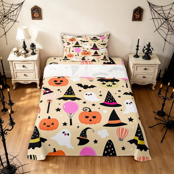 Feelyou Cartoon Ghost Witch Hat Twin Sheets, Cute Pumpkin Bat Bedding, Beige, 3 Pieces, 1 Flat Sheet, 1 Fitted Sheet and 1 Pillowcase