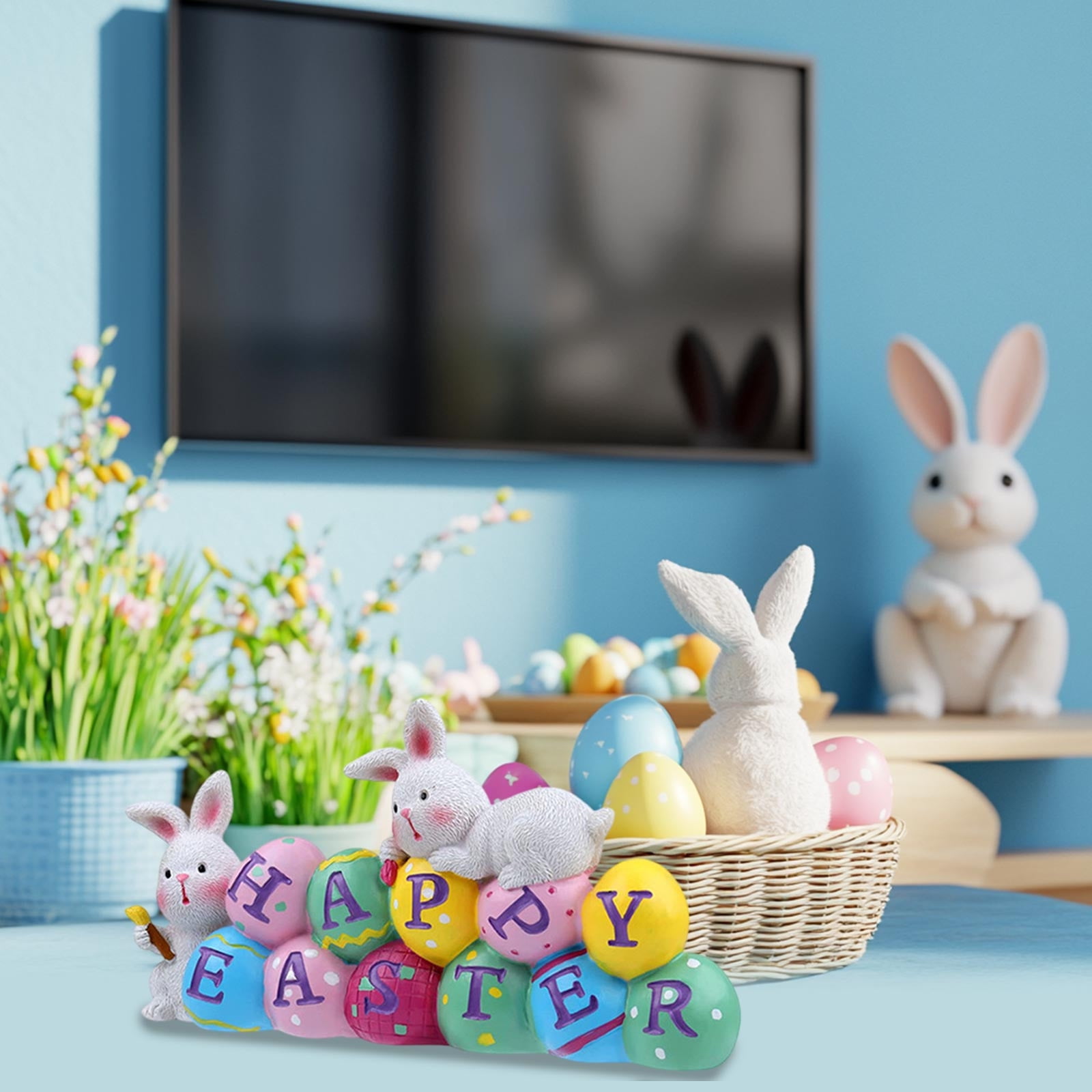 Hand Painted Easter Bunny Statue - Resin Table Centerpiece with Eggs & Flowers, Colorful Easter Home Decor for Spring Party or Holiday Gift